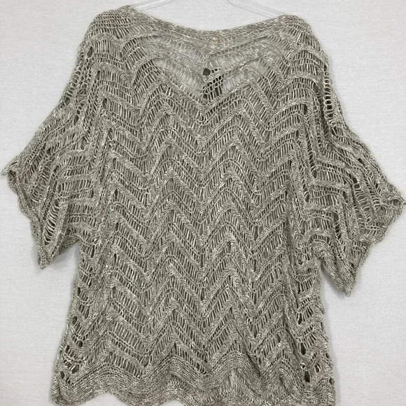 New Eileen Fisher Light Gray Open Knit Cotton Wonder Scallop Sweater 3X